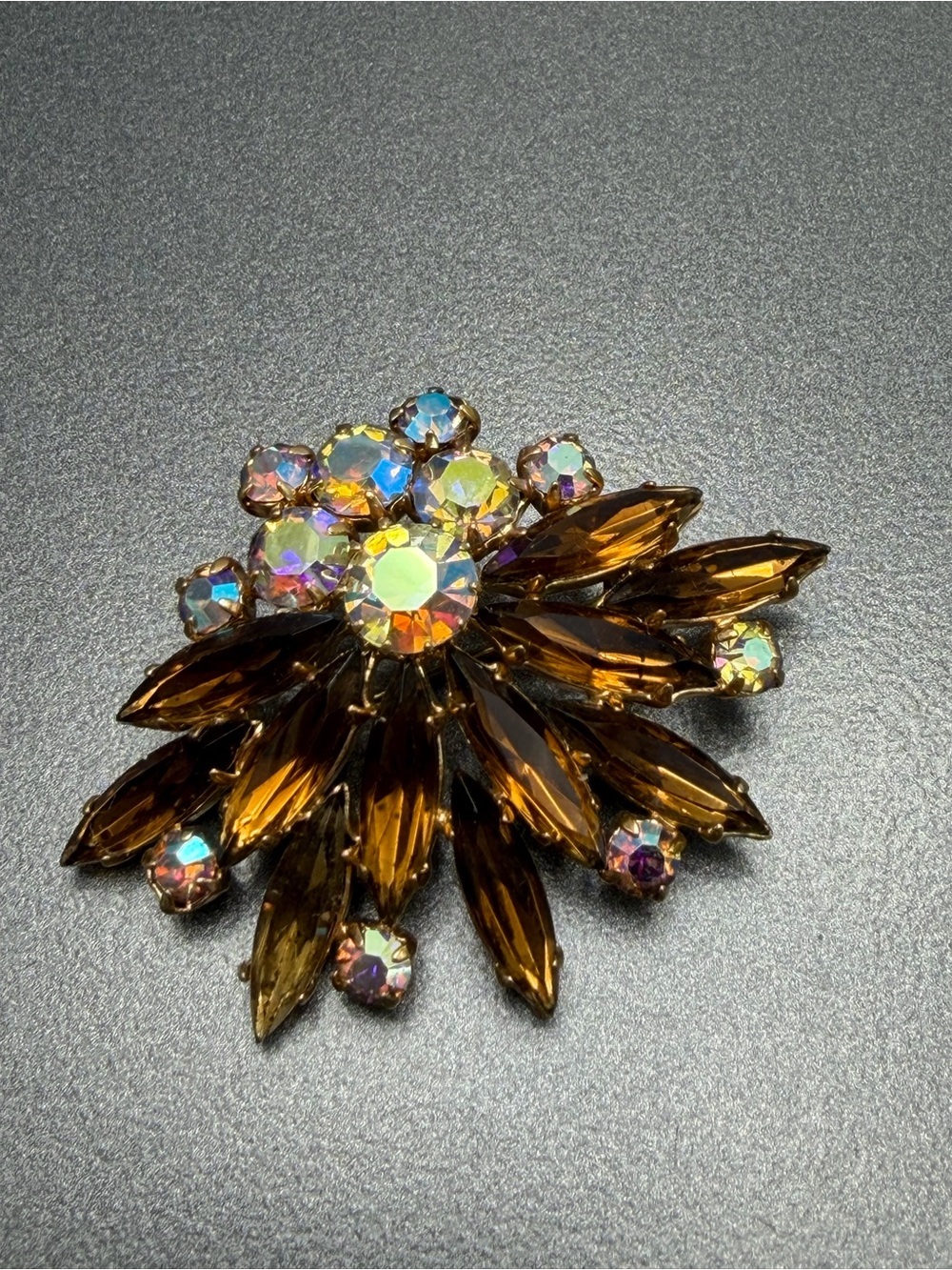 Vintage Spray Floral Brooch - Amber and Aurora Borealis #cz30